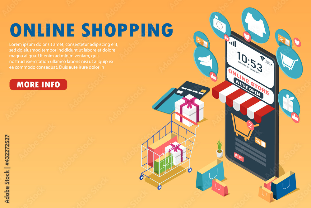 Online shopping via smartphone application, e-commerce vector design, 