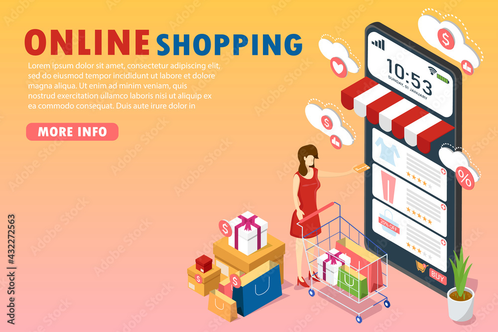 Isometric design of online shopping on smartphone application, lady shopper using credit card to pay for purchasing items on screen