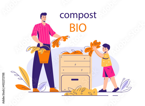 Father and son put organic garden waste into the compost bin. Bio organic fertilizer concept. Vector illustration in flat cartoon style.