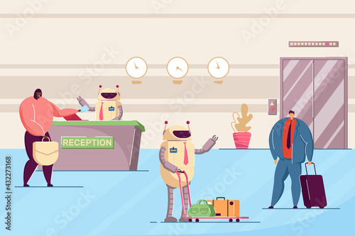 Robots working as hotel attendants. Flat vector illustration. Robotic receptionist and porter helping guests with checking in and out of hotel. Technologies, artificial intelligence, service concept