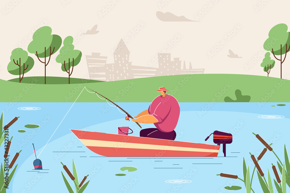 Lonely man fishing in boat. Flat vector illustration. Fisherman sitting in boat in middle of lake or river and holding fishing rod, waiting for bite. Fishing, nature, recreation concept for design