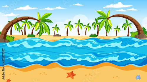 Tropical beach landscape scene with many palm trees at day time