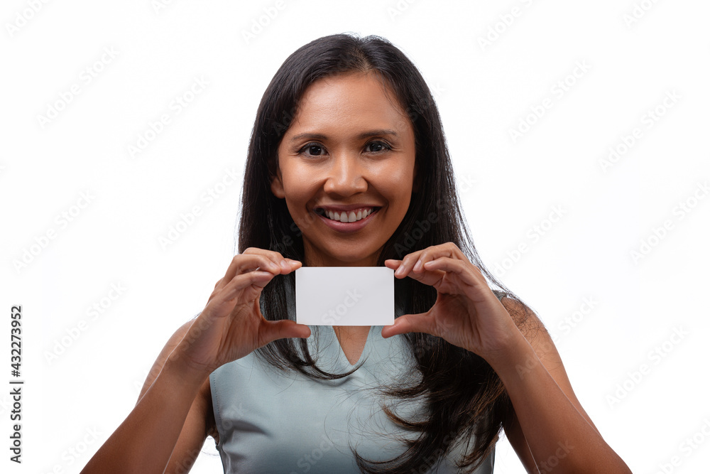 happiness and people concept - close up portrait of smiling asian young businesswoman showing white business or name card isolated over white background happiness and people concept - close up portrait of smiling asian young businesswoman showing white business or name card isolated over white background
