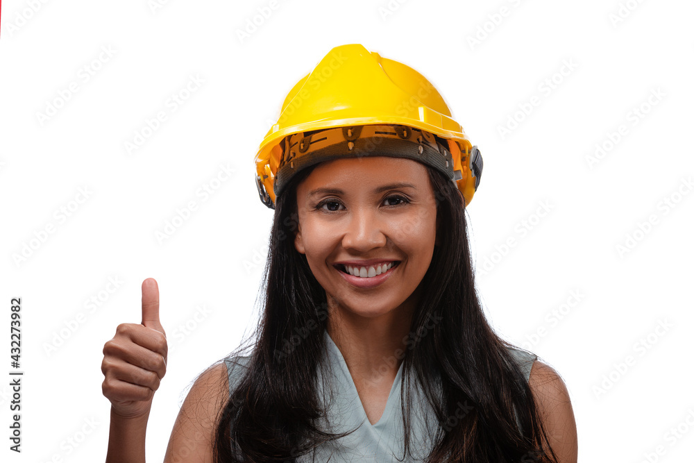 Close up portrait of asian smiling woman architect showing thumbs up gesture, isolated over white background Close up portrait of asian smiling woman architect showing thumbs up gesture, isolated over white background