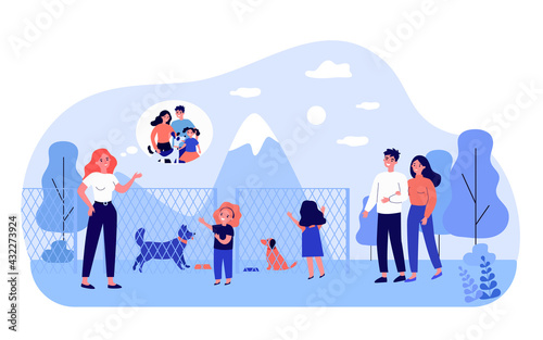 Happy family choosing dog in animal shelter. Fence, friend, mammal flat vector illustration. Pets and animal adoption concept for banner, website design or landing web page