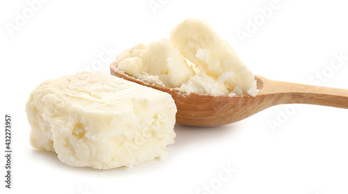 Fototapeta Naklejka Na Ścianę i Meble -  Spoon with shea butter on white background