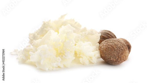 Fototapeta Naklejka Na Ścianę i Meble -  Shea butter with nuts on white background