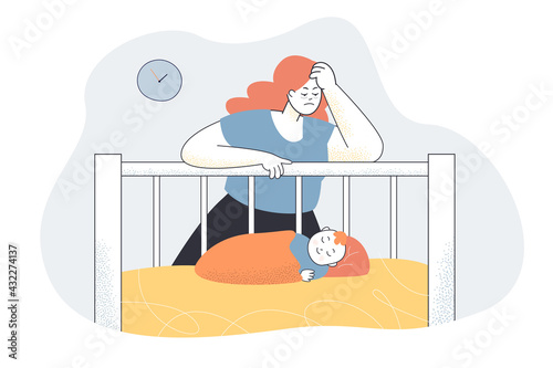 Tired mother looking at child. Depressed woman, newborn baby sleeping in crib flat vector illustration. Motherhood, postnatal depression concept for banner, website design or landing web page