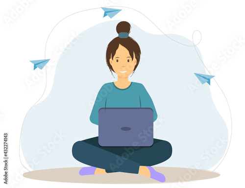 A girl sitting with laptop, home education concept, freelance work concept, flat, vector illustration