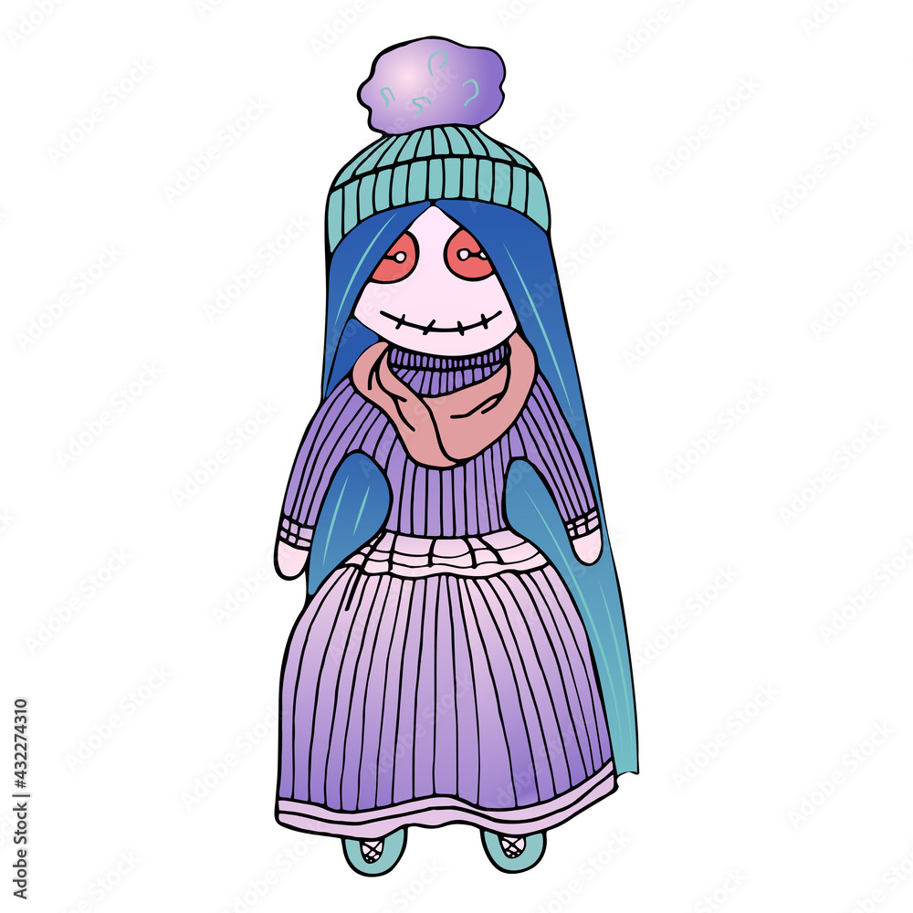Colorful stitched dolls vector hand-drawn illustration. The isolated image on a white background.
