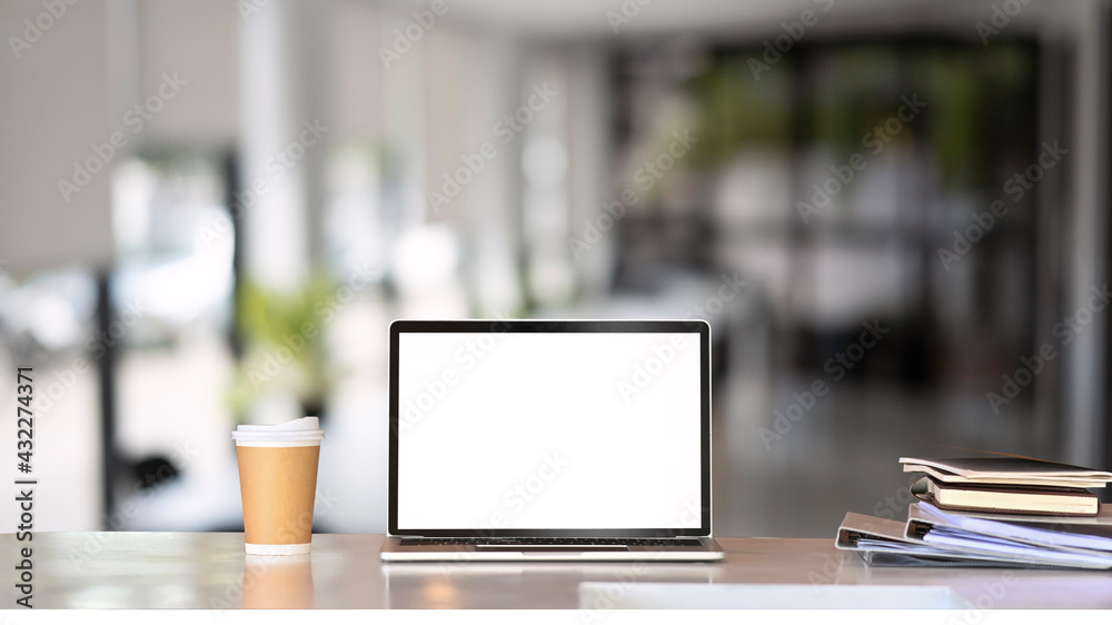 custom made wallpaper toronto digitalMock up laptop computer, coffeecup and documents on white table in modern office. Blank screen for graphic display presentation montage.