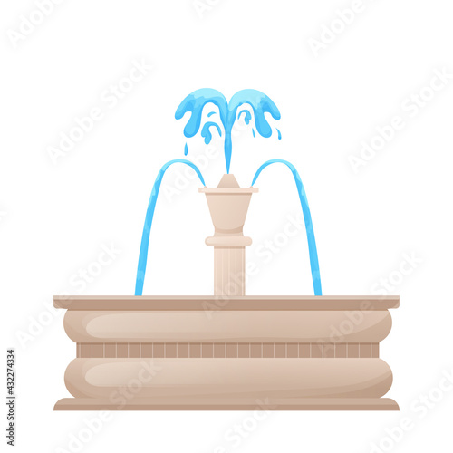 Fountain, city or garden decoration with water splashes in cartoon style isolated on white background. Classic round design, clip art.