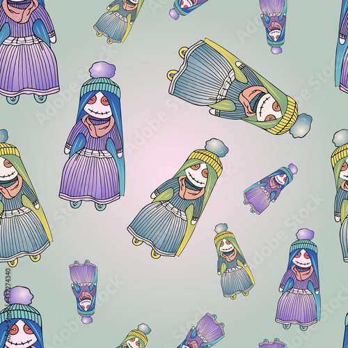 Seamless pattern with colorful stitched dolls vector illustration.