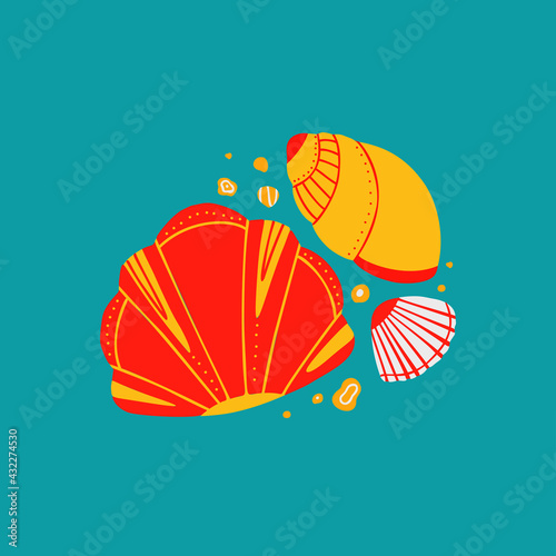 Cartoon illustration of seashells with sands with doodle ornament on blue background. Flat drawing ocean inhabitants with boho pattern. Vector molluscs, shells and snails with decoration