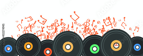 Notes and  black records music. Retro music party.  Music festival poster, events, party flyer, music notes signs and symbols