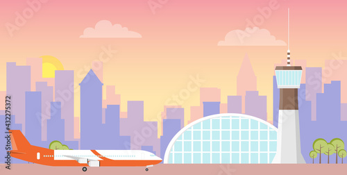 The airport. Airport building and plane on the runway. Vector. cartoon illustration. Vector.