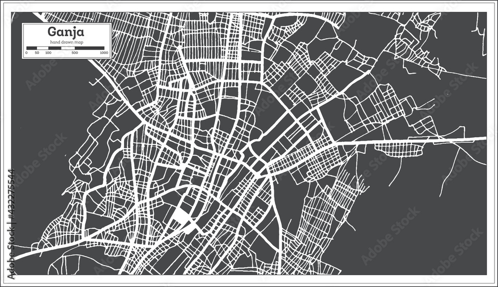 Fototapeta Ganja Azerbaijan City Map in Black and White Color in Retro Style. Outline Map.