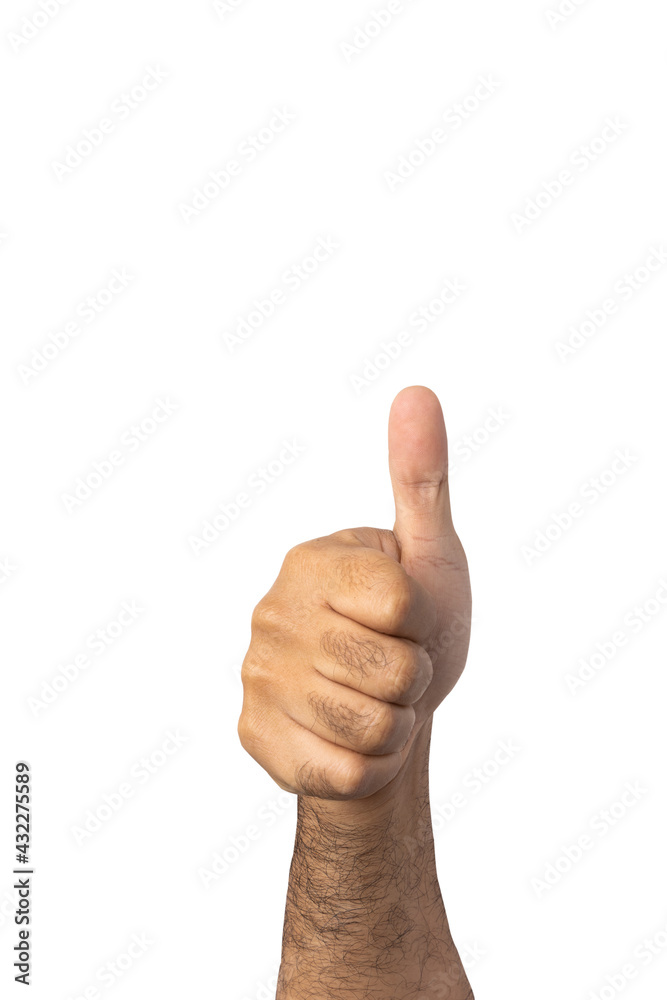 Hand man showing thumbs up on isolated white background. With clipping path.
