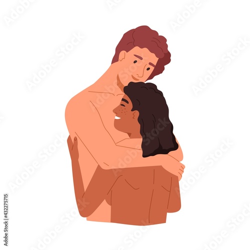 Happy love couple of naked man and woman. Romantic sexual relationships between multiracial people. Nude boyfriend and girlfriend hugging. Flat vector illustration isolated on white background