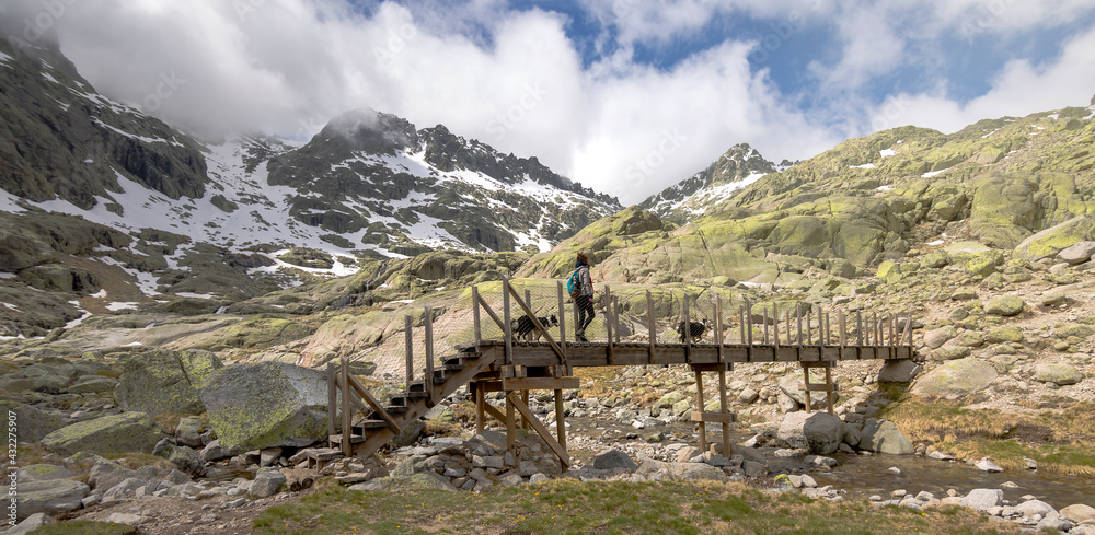 Young woman crossing a wooden bridge and hiking in the mountains.