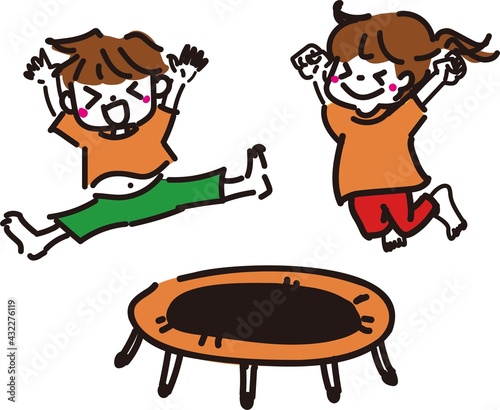 家の中でトランポリンで遊ぶ子供達のイラスト