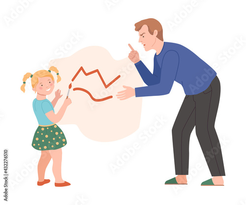Annoyed Dad Scolding His Daughter for Drawing on the Wall Vector Illustration