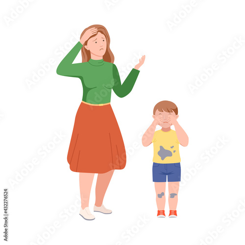 Annoyed Mother Scolding Her Son for Dirty Clothes Vector Illustration