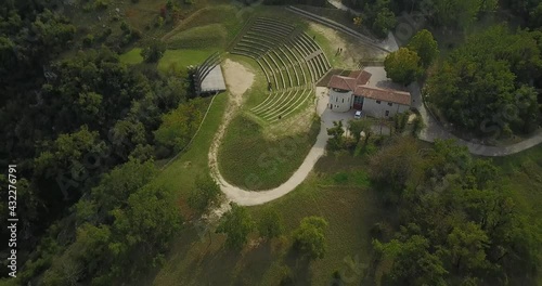 Aerial, modern green amphitheatre built outside to host event and shows