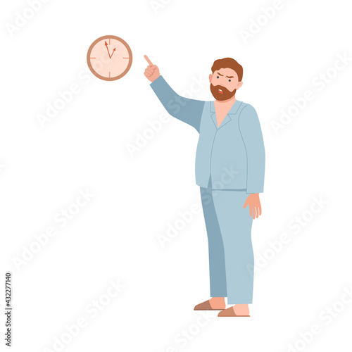 Angry Man Scolding and Yelling at Somebody Pointing Finger at Clock Vector Illustration
