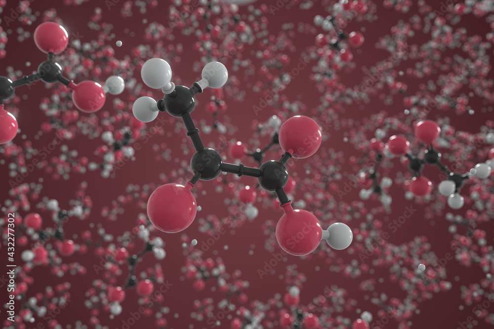 Molecule of pyruvic acid, ball-and-stick molecular model. Scientific 3d rendering