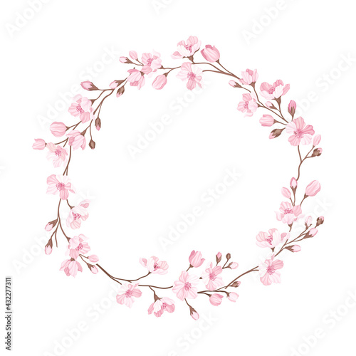 Wreath Arranged of Twigs of Sakura or Cherry Blossom Vector Illustration