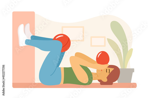 Postural Restoration. Physical Therapy. Girl inflates balloon lying on floor. Ball between knees. Retain Breathing Mechanics in Modern Manual Therapy. Vector flat illustration concept
