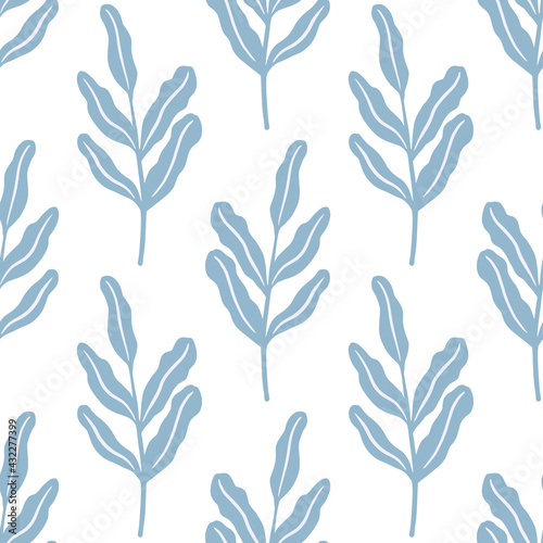Isolated seamless pattern with blue foliage leaves ornament. White background. Scrapbook style.