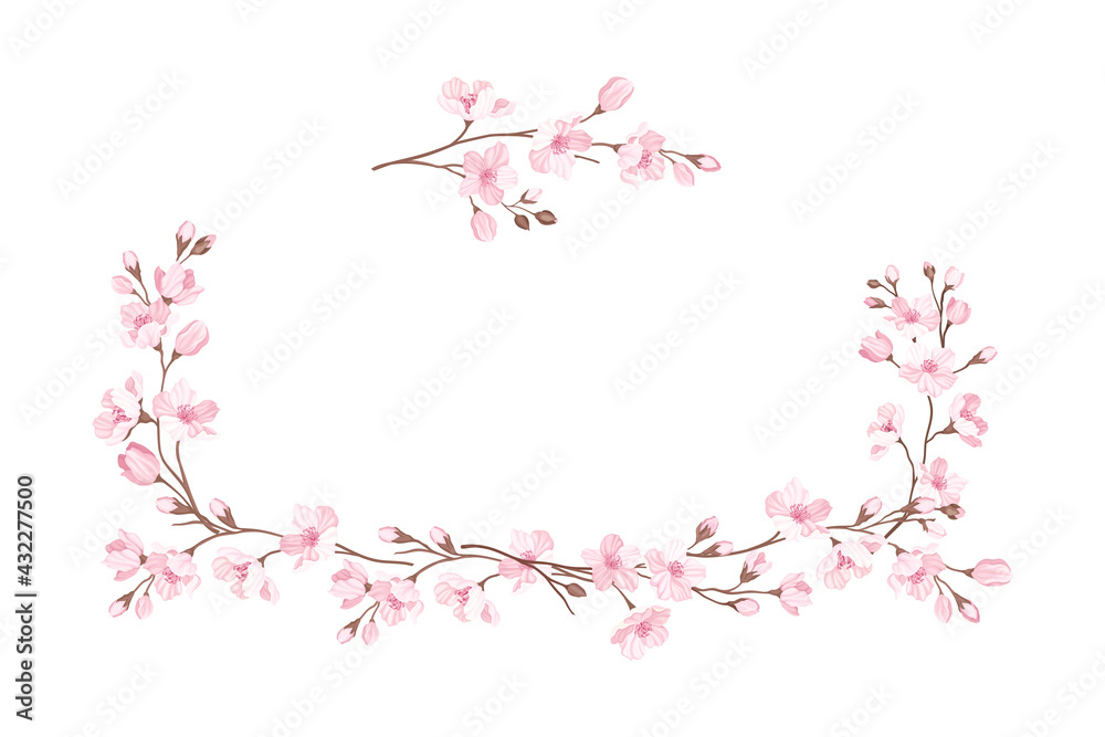 Sakura or Cherry Blossom Twigs Arranged in Border Line Vector Illustration