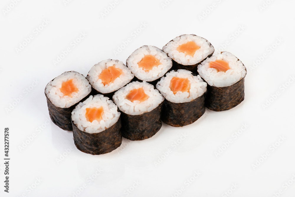 Sushi rolls with salmon. Isolated on white background. Sushi rolls with salmon. Isolated on white background.