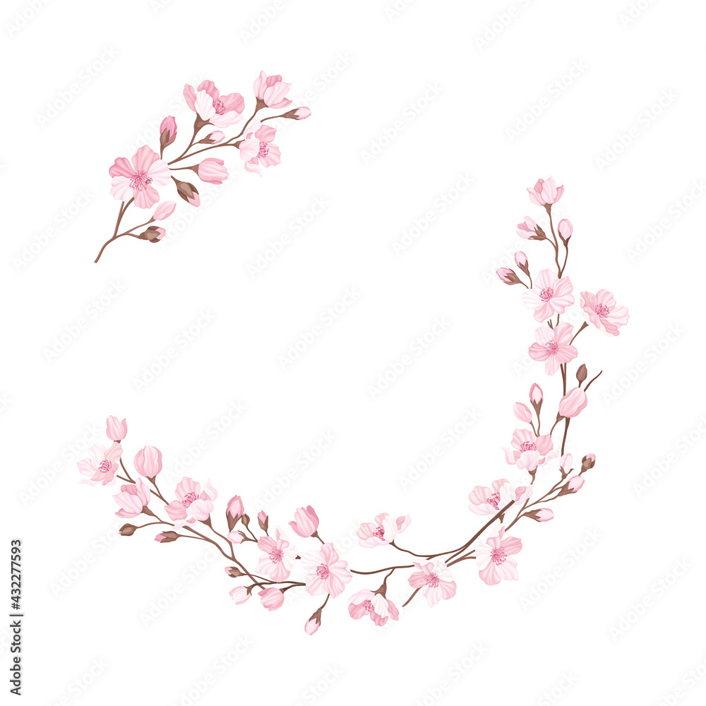 Semicircle Border Arranged of Twigs of Sakura or Cherry Blossom Vector Illustration