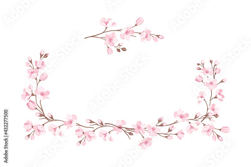 Sakura or Cherry Blossom Twigs Arranged in Border Line Vector Illustration
