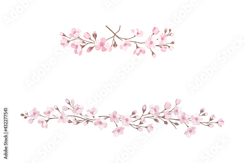 Sakura or Cherry Blossom Twigs Arranged in Border Line Vector Illustration