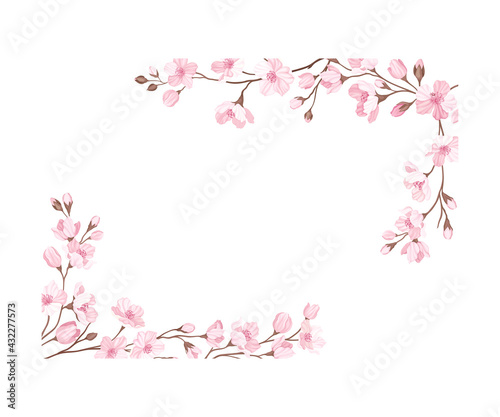 Twigs of Sakura or Cherry Blossom Arranged in Corners Vector Illustration