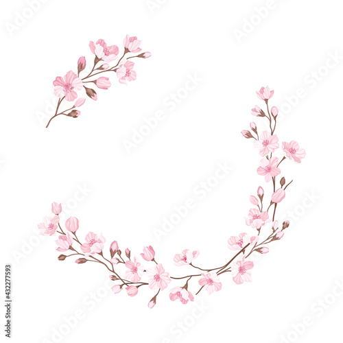 Semicircle Border Arranged of Twigs of Sakura or Cherry Blossom Vector Illustration