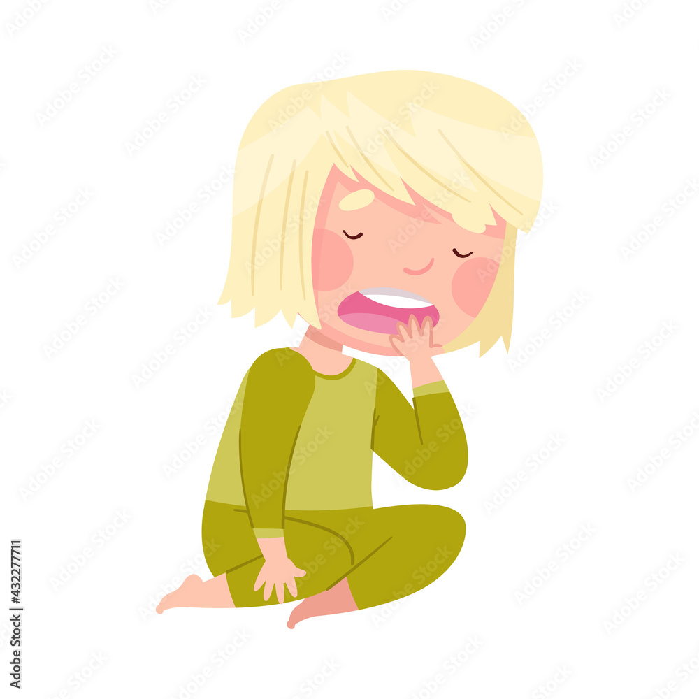 Sleepy Little Girl Wearing Pajamas Sitting on the Floor and Yawning Vector Illustration Sleepy Little Girl Wearing Pajamas Sitting on the Floor and Yawning Vector Illustration