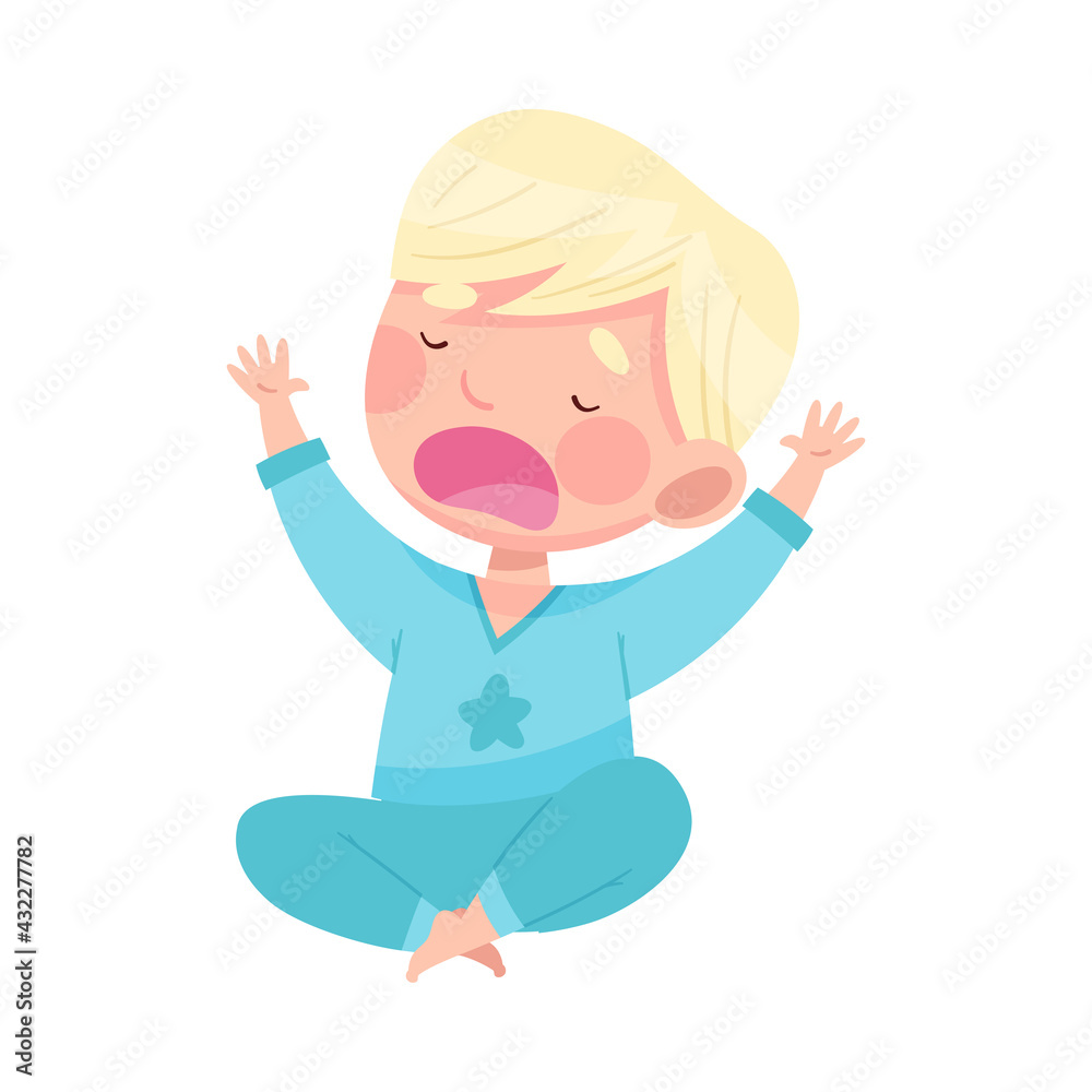 Sleepy Little Boy Wearing Pajamas Sitting Cross Legged Stretching and Yawning Vector Illustration Sleepy Little Boy Wearing Pajamas Sitting Cross Legged Stretching and Yawning Vector Illustration