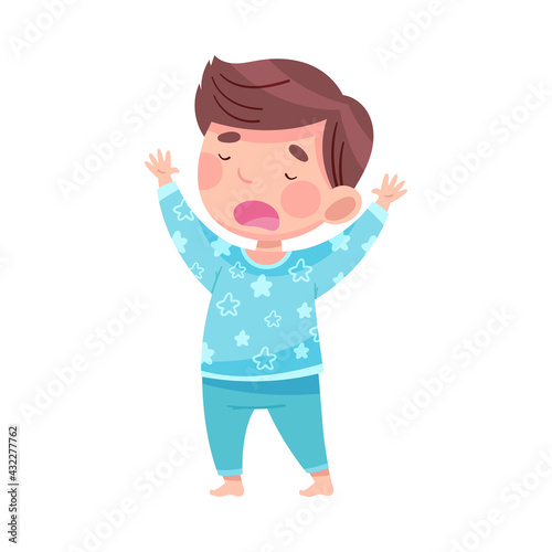 Sleepy Little Boy Wearing Pajamas Stretching and Yawning Vector Illustration