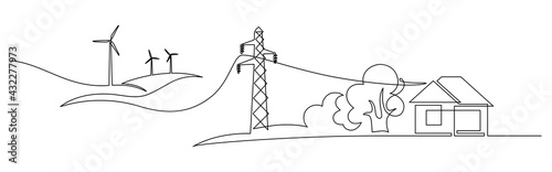 Wind energy in continuous line art drawing style. Landscape with wind turbines producing electricity, power line and abstract private home consumer. Black linear design isolated on white background