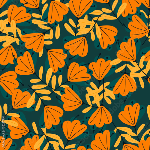 Autumn style seamless pattern with orange doodle flowers shapes. Navy blue backround. Decorative print.