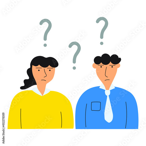 Office employees have doubt.  Question marks. Vector illustration on white background. 