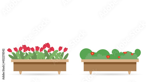The flower bed in a brown pot has a red stick isolated on white background, Vector Illustration EPS 10