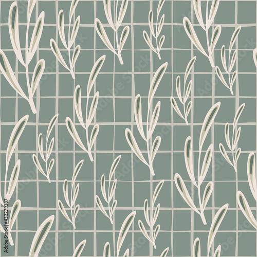 White outline simple twig silhouettes seamless botany print. Green pale chequered background. Doodle artwork.