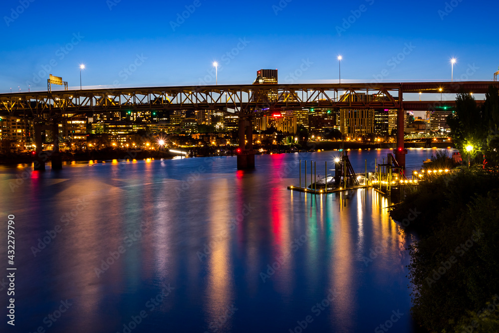 Urban cityscape at night. Portland, Oregon