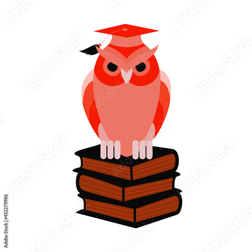 Owl on the books. Talisman of wisdom and knowledge. Vector image.